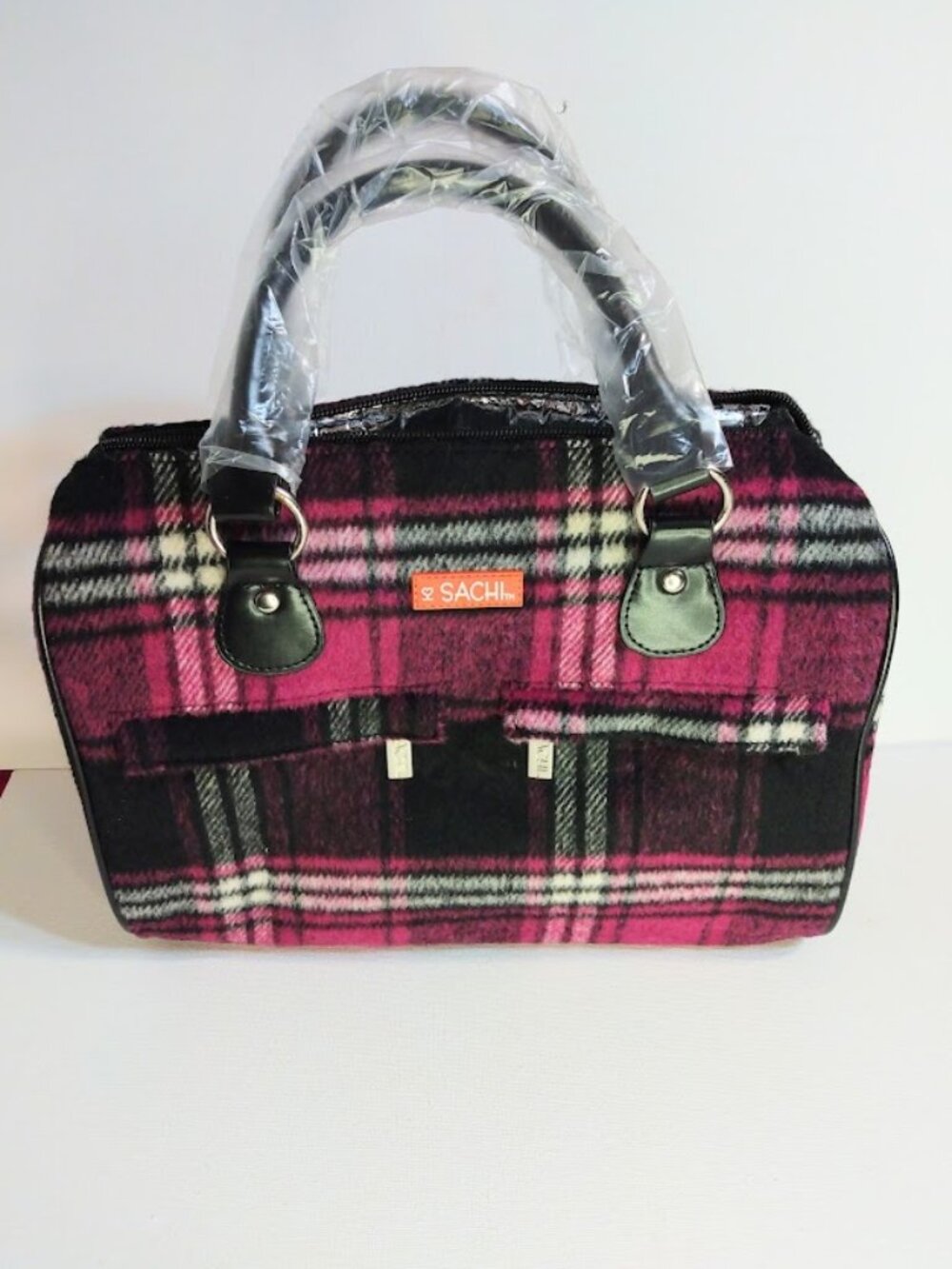 SACHI Insulated Lunch Tote Bag Purse Plaid Pink Black Flannel Top Handles NEW